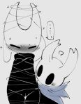  ... anthro armor arms_tied arthropod black_body blush bound breasts cape cape_only clothing confusion doneru duo exposed female genitals headgear helmet hi_res hollow_knight horn hornet_(hollow_knight) legs_tied looking_at_genitalia looking_at_pussy mostly_nude nude protagonist_(hollow_knight) pussy question_mark simple_background small_breasts string team_cherry vessel_(species) video_games 
