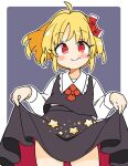  1girl black_skirt black_vest blonde_hair blush closed_mouth clothes_lift collared_shirt cowboy_shot fang hair_ribbon ini_(inunabe00) lifted_by_self long_sleeves red_eyes red_ribbon ribbon rumia shirt short_hair skin_fang skirt skirt_lift smile solo touhou vest white_shirt 