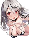  1girl bikini black_hair breasts cleavage collar fang grey_hair hair_ornament hololive large_breasts multicolored_hair nidaime_(doronbo) open_mouth red_eyes sakamata_chloe solo streaked_hair swimsuit virtual_youtuber white_background x_hair_ornament 