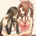  2girls aerith_gainsborough arm_around_neck bangs bare_arms black_gloves black_hair braid braided_ponytail breasts brown_hair cleavage closed_eyes comforting crying curly_hair dress earrings elbow_gloves final_fantasy final_fantasy_vii fingerless_gloves gloves green_eyes hair_between_eyes hair_ribbon hand_on_another&#039;s_head head_on_hand jacket jacket_removed jewelry large_breasts long_hair looking_at_another low-tied_long_hair medium_breasts multiple_girls own_hands_together parted_bangs pink_dress ribbon shirt sidelocks sitting sleeveless sleeveless_dress sleeveless_shirt smile tifa_lockhart upper_body white_shirt yadoso 