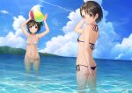  2girls absurdres akagi_miria armpits ball beachball bikini black_hair blue_bikini blue_sky breasts cloud collarbone contrail grin groin halterneck highres holding holding_ball holding_beachball horizon idolmaster idolmaster_cinderella_girls light_smile looking_at_viewer looking_back multiple_girls navel ocean outdoors reflection reflective_water refraction sasaki_chie side-tie_bikini sky small_breasts smile swimsuit tsunenorip wading white_bikini 