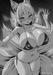 1girl :o animal_ears bangs bikini blush breasts cleavage collarbone crossed_bangs fox_ears fox_girl fox_tail greyscale heart heart-shaped_pupils large_breasts long_hair looking_at_viewer marota monochrome multiple_tails navel open_mouth solo swimsuit symbol-shaped_pupils tail thighhighs thighs touhou yakumo_ran 