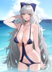  1girl arm_up azur_lane bow breasts grey_eyes grey_hair hair_bow highres jewelry large_breasts long_hair necklace o-ring o-ring_swimsuit ocean official_alternate_costume partially_submerged purple_bow purple_swimsuit raitho swimsuit vittorio_veneto_(azur_lane) vittorio_veneto_(the_flower_of_la_spezia)_(azur_lane) 