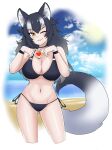  1girl absurdres animal_ears armlet ass_visible_through_thighs bangs bikini black_bikini black_hair blush breasts choker cleavage english_commentary extra_ears grey_wolf_(kemono_friends) heart heart_hands heterochromia highres kemono_friends large_breasts long_hair looking_at_viewer multicolored_hair nanoder navel one_eye_closed side-tie_bikini smile solo swimsuit tail two-tone_hair white_hair wolf_ears wolf_tail yellow_eyes 