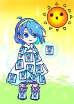  1girl :3 ahoge blue_eyes blue_hair boots cape card chibi cirno dress full_body highres multicolored_hairband patchwork_clothes pote_(ptkan) purple_footwear rainbow_gradient short_hair solo_focus standing sun tenkyuu_chimata touhou white_cape 