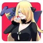  1girl a-kiraa_(whisper) absurdres black_shirt blonde_hair border breasts cleavage cynthia_(pokemon) fur_collar fur_trim garchomp hair_ornament hair_over_one_eye highres holding holding_poke_ball large_breasts long_hair long_sleeves looking_at_viewer parted_lips poke_ball poke_ball_(basic) pokemon pokemon_(creature) pokemon_(game) pokemon_dppt shirt smile upper_body white_border 