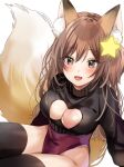  1girl animal_ear_fluff animal_ears annytf black_legwear black_sweater blush breasts brown_eyes brown_hair cleavage cleavage_cutout clothing_cutout commission fox_ears fox_girl fox_tail hair_ornament highleg highleg_leotard indie_virtual_youtuber large_breasts leotard leotard_under_clothes long_hair looking_at_viewer one_side_up open_mouth red_leotard roko_(pe0e07) sitting skeb_commission smile solo star_(symbol) star_hair_ornament sweater tail thighhighs thighs virtual_youtuber 