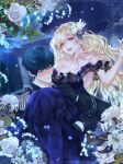  1boy 1girl bare_shoulders black_dress black_gloves black_hair blonde_hair blush border breasts carrying cleavage dress earrings embarrassed epaulettes face_to_breasts flower glint gloves hair_flower hair_ornament hetero highres holding holding_umbrella jewelry kimpeul korean_commentary large_breasts leaf long_hair looking_at_breasts military military_uniform mole mole_under_eye night open_mouth original princess_carry purple_eyes red_eyes short_hair teeth umbrella uniform 