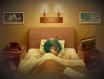  1boy ahoge alarm_clock alternate_hair_color artist_name bangs bed blanket can child clock closed_eyes closed_mouth danganronpa_(series) danganronpa_v3:_killing_harmony fire_extinguisher forgottrast green_hair highres indoors lamp lying male_child pillow radio saihara_shuuichi short_hair solo younger 