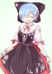  alsatian_clothes aoi_usagi_(marinebluerabbit) bangs blue_hair bow curtsey dress one_eye_closed one_eye_covered pink_ribbon re:zero_kara_hajimeru_isekai_seikatsu rem_(re:zero) ribbon smile 