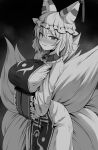  1girl bangs blush breasts fox_girl fox_tail from_side greyscale large_breasts long_sleeves marota monochrome multiple_tails smile solo tail touhou yakumo_ran 