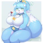  1:1 2022 anthro big_breasts blue_body blue_fur blue_hair blush breasts canid canine canis clothed clothing curvy_figure cute_fangs dipstick_ears dipstick_tail domestic_dog female floppy_ears fur hair hi_res holding_object kemono looking_at_viewer mammal markings mochi_tap_wonderland multicolored_body multicolored_ears multicolored_fur multicolored_hair ponytail shibaemonxsk solo tail_markings thick_thighs touka_(mochi_tap_wonderland) two_tone_body two_tone_ears two_tone_fur two_tone_hair two_tone_tail voluptuous white_body white_fur white_hair wide_hips 