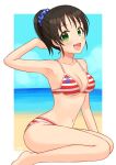  beach bikini black_hair blush border breasts cleavage green_eyes hand_in_own_hair harada_miyo highres idolmaster idolmaster_cinderella_girls idolmaster_cinderella_girls_starlight_stage kneeling legs medium_breasts ponytail red_stripes scrunchie seiza signature sitting sky smile solo striped striped_bikini swimsuit water wgm_oekaki white_border 