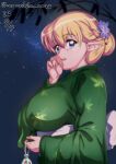  1girl blonde_hair blue_eyes breasts elf green_kimono hair_bun huge_breasts japanese_clothes kimono leaf_print nafta night night_sky obi pointy_ears print_kimono sash sky solo star_(sky) tiffania_westwood upper_body zero_no_tsukaima 