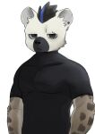  anthro arknights black_body black_clothing black_fur black_hair black_nose black_shirt black_topwear blue_hair brown_body brown_fur clothing ear_piercing eyebrow_piercing facial_piercing fur grey_body grey_fur hair half-closed_eyes hi_res hyaenid hypergryph looking_at_viewer male mammal mimizuku_kemo multicolored_hair narrowed_eyes piercing shirt simple_background solo spot_(arknights) spots spotted_body spotted_hyena studio_montagne tight_clothing topwear two_tone_hair video_games 