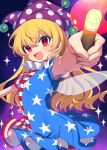  1girl american_flag_dress american_flag_pants arms_up bangs blonde_hair blue_background blush breasts clownpiece commentary_request dress e_sdss fairy_wings fingernails fire gradient gradient_background hair_between_eyes hands_up hat highres holding holding_torch jester_cap long_fingernails long_hair multicolored_background neck_ruff open_mouth pants polka_dot purple_background purple_headwear red_eyes short_sleeves small_breasts smile solo sparkle sparkle_background standing star_(symbol) star_print striped striped_dress striped_pants tongue torch touhou wings 