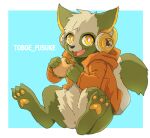  2021 3_toes 4_fingers absurd_res ambiguous_gender anus blue_background blush blush_lines burger clothing cute_fangs digital_drawing_(artwork) digital_media_(artwork) dipstick_tail eating eye_glint feet feral fingers food fur green_body green_ears green_fur hi_res jacket jacket_only kemono looking_at_viewer mammal markings multicolored_body multicolored_fur naegi open_mouth orange_clothing orange_jacket orange_topwear procyonid pupils raccoon simple_background sitting tail_markings tan_body toes topwear two_tone_body two_tone_fur white_pupils x_anus yellow_eyes 