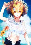  1boy adjusting_clothes adjusting_headwear aether_(genshin_impact) ahoge alternate_costume androgynous blonde_hair blush bow braid cloud cloudy_sky day flower genshin_impact hair_bow hair_flower hair_ornament hairclip hat hibiscus highres hinachun_00 inflatable_raft long_hair looking_at_viewer male_focus navel open_clothes open_shorts outdoors parted_lips red_flower see-through see-through_shirt shirt short_sleeves shorts single_braid sky straw_hat sun_hat sunflower t-shirt wet wet_clothes wet_shirt white_bow white_shirt x_hair_ornament yellow_eyes yellow_flower 