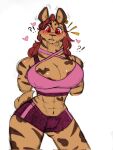  &lt;3 &lt;3_eyes anthro athletic athletic_wear big_breasts big_butt blush blushing_profusely bottomwear breasts brown_body brown_fur brown_hair butt clothing confusion crop_top doodlebunnyart ear_piercing ear_ring ears_up exclamation exclamation_point eyebrows fangs female first_person_view fur gnoll gym_bottomwear gym_clothing gym_shorts hair heart_(marking) hi_res huge_breasts hyaenid inner_ear_fluff looking_at_viewer love mammal markings molly_deathmaw(doodlebunnyart) muscular open_mouth pattern_clothing piercing pink_clothing pink_shirt pink_topwear raised_eyebrows red_eyes ring_piercing shirt shorts simple_background sketch solo sportswear spots spotted_body spotted_markings straps striped_body striped_clothing stripes surprise surprised_expression teeth text thick_thighs topwear tuft white_background workout_clothing yellow_body yellow_fur 