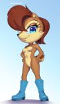  anthro arched_back archie_comics blue_boots blue_clothing blue_eyes blue_footwear boots boots_only breasts brown_body brown_fur cheek_tuft chest_tuft chipmunk clothing curvy_figure facial_tuft featureless_breasts featureless_crotch female fist footwear footwear_only fur ground_squirrel hair hands_on_hips hi_res hourglass_figure lidded_eyes looking_at_viewer looking_down low-angle_view mammal mostly_nude navel one_eye_obstructed red_hair rodent sally_acorn sciurid sega short_hair smile smiling_at_viewer solo sonic_the_hedgehog_(archie) sonic_the_hedgehog_(comics) sonic_the_hedgehog_(series) squish_(artist) standing thick_thighs tuft 