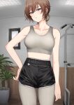  1girl :o aketa_mikoto black_shorts blush breasts brown_hair collarbone gradient_hair grey_leggings grey_tank_top gym_shorts hand_on_hip highres idolmaster idolmaster_shiny_colors indoors legwear_under_shorts looking_at_viewer medium_breasts multicolored_eyes multicolored_hair shorts solo tank_top tsurui 