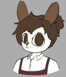  anthro apron brown_hair bust_portrait clothing collared_shirt fur hair hi_res lagomorph leporid looking_at_viewer male mammal markings milo_(youmonsterboy) multicolored_body multicolored_fur portrait rabbit solo spots spotted_markings tied_hair white_body youmonsterboy 