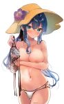  1girl bikini blue_eyes blue_hair blush breasts cleavage closed_mouth collarbone cowboy_shot flower gotland_(kancolle) groin hair_between_eyes hat hat_flower highres holding holding_clothes holding_swimsuit kantai_collection large_breasts medium_hair mole mole_under_eye nanahamu navel nipples purple_flower simple_background smile solo sun_hat swimsuit twitter_username white_background white_bikini 