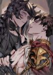  2boys bara bare_pectorals belial_(granblue_fantasy) black_gloves black_hair black_shirt blush fingerless_gloves gloves granblue_fantasy groping highres jacket large_pectorals looking_at_another male_focus multiple_boys muscular muscular_male open_clothes open_jacket open_mouth pectorals red_eyes sariel_(granblue_fantasy) shirt short_hair soumaa upper_body white_jacket yaoi 