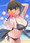  1girl arm_behind_head arm_up beach bikini black_bikini black_hair black_wings blue_skirt blush breasts cleavage feathered_wings front-tie_bikini front-tie_top groin hand_fan hat highres holding holding_fan large_breasts leaf looking_at_viewer maple_leaf navel one_eye_covered orange_eyes outdoors paper_fan pom_pom_(clothes) ramudia_(lamyun) shameimaru_aya side-tie_bikini skirt smile solo swimsuit tokin_hat touhou wings 