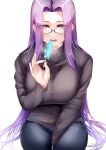  1girl absurdres bangs black_sweater blue_pants blush breasts denim fate/stay_night fate_(series) food forehead glasses highres jeans large_breasts len_(hand_linke) long_hair long_sleeves looking_at_viewer medusa_(fate) medusa_(rider)_(fate) open_mouth pants parted_bangs popsicle purple_eyes purple_hair seiza sidelocks sitting smile solo sweater turtleneck turtleneck_sweater very_long_hair 