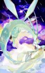  aqua_eyes arm_up closed_mouth cloud cloudy_sky colored_skin colorful commentary_request dragon flygon forehead-to-forehead from_behind full_body heads_together highres jirachi looking_at_another looking_up meteor_shower night outdoors pokemon pokemon_(creature) purple_sky red_eyes size_difference sky tugu_pi white_skin 