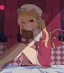  1girl alternate_eye_color animal_ears bangs barefoot bear_ears bed blonde_hair blush bow bowtie closed_mouth collared_shirt commentary_request crystal curtains dress flandre_day flandre_scarlet frills grey_headwear grey_shirt hair_between_eyes hat hat_ribbon highres hug jewelry looking_at_another mob_cap multicolored_wings on_bed one_side_up pink_eyes pointy_ears puffy_short_sleeves puffy_sleeves purple_bow purple_bowtie purple_dress purple_ribbon ribbon sasakuea shirt short_hair short_sleeves sitting sitting_on_bed smile solo stuffed_animal stuffed_toy teddy_bear touhou wall wings 