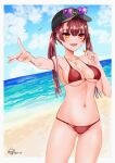  1girl absurdres baseball_cap beach bikini black_headwear blue_sky breasts cleavage cloud cowboy_shot day hair_ribbon hat heterochromia highres hololive hololive_fantasy horizon houshou_marine jewelry large_breasts long_hair looking_at_viewer necklace norikanzume ocean outdoors red_bikini red_eyes red_hair red_ribbon ribbon sky solo standing swimsuit twintails very_long_hair virtual_youtuber yellow_eyes 