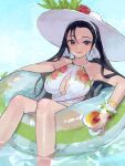  1girl bikini breasts character_request cherry copyright_request earrings floral_print food fruit headband highres innertube jewelry large_breasts long_hair looking_at_viewer oni_gini solo swimsuit tongue tongue_out water white_swimsuit 