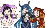  2boys 2girls absurdres black_hair blue_eyes blue_hair bonanus_(genshin_impact) bosacius_(genshin_impact) closed_eyes crying genshin_impact green_hair highres hug indarias_(genshin_impact) long_hair looking_at_another making_faces multicolored_hair multiple_boys multiple_girls open_mouth orange_hair purple_eyes purple_hair red_hair sesield short_hair smile tearing_up tears xiao_(genshin_impact) 