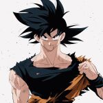  1boy adjusting_clothes arm_at_side ashes backlighting bangs black_eyes black_hair black_shirt closed_mouth cuts dirty dirty_clothes dirty_face dragon_ball grey_background hair_strand hand_up injury kz_(dbz_kz) looking_at_viewer male_focus messy_hair muscular muscular_male orange_shirt parted_bangs pectorals scratches shade shirt simple_background smirk son_goku spiked_hair torn_clothes torn_shirt undershirt upper_body 