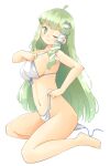  1girl arnest bare_shoulders barefoot bikini blush breasts from_side green_eyes green_hair highres kochiya_sanae long_hair looking_at_viewer navel pulling shiny shiny_hair shiny_skin smile solo swimsuit thighs touhou very_long_hair 
