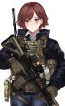  1girl absurdres assault_rifle bangs black_jacket brown_hair cowboy_shot denim gloves gun hair_ornament hairclip highres higuchi_madoka holster idolmaster idolmaster_shiny_colors jacket jeans m4_sopmod_ii military mole mole_under_eye pants purple_eyes pz-15 rifle short_hair swept_bangs tactical_clothes trigger_discipline vest weapon 