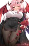  1girl :o absurdres black_coat black_skirt blush breasts breath coat covered_navel covered_nipples demon_horns demon_tail demon_wings fang grey_legwear hair_ornament hand_up hecha_(01964237) highres horns large_breasts long_hair long_sleeves looking_at_viewer off_shoulder open_clothes open_coat open_mouth original pantyhose pelvic_curtain pink_hair pointy_ears saliva saliva_trail shirt skirt solo tail thigh_gap very_long_hair white_shirt wings yellow_eyes 