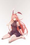  1girl absurdres animal_ears backless_dress backless_outfit bangs bare_shoulders barefoot blue_eyes breasts brown_dress closed_mouth dress fox_ears full_body grey_background highres honkai_(series) honkai_impact_3rd long_hair looking_at_viewer pink_hair qazpl747163 simple_background sitting sleeveless sleeveless_dress smile solo toes wariza yae_sakura 