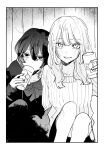  2girls 6noseenji absurdres border cup drinking fingernails glass greyscale grin hair_strand highres holding holding_cup ice ice_cube leaning_on_another leaning_on_person looking_at_viewer monochrome multiple_girls original smile wall 