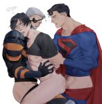  3boys abs akira_1611 anal arm_behind_back ass bara bare_pectorals batman batman_(series) black_bodysuit black_hair black_shirt blue_bodysuit bodysuit bottomless bruce_wayne cape clark_kent clothes_lift clothes_pull dc_comics deathstroke eyepatch facial_hair grey_hair highres holding_another&#039;s_arm large_pectorals male_focus mature_male multiple_boys muscular muscular_male mustache naked_shirt nipples nude one_eye_covered open_mouth pectorals red_cape sex sex_from_behind shirt shirt_lift short_hair superman superman_(series) the_batman_(2022) thighs tongue tongue_out yaoi 