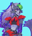 anthro belt bracelet breasts canid canine canis clothed clothing collar digital_media_(artwork) ear_piercing ekho eyebrows eyelashes eyeshadow female fingers five_nights_at_freddy&#039;s five_nights_at_freddy&#039;s:_security_breach fur hair hand_on_hip hi_res jewelry lipstick makeup mammal midriff open_mouth piercing roxanne_wolf_(fnaf) scottgames sharp_teeth shirt simple_background smile solo spiked_belt spiked_bracelet spiked_collar spikes standing teeth topwear video_games wolf yellow_eyes 