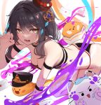  1girl absurdres all_fours arm_strap ass bare_shoulders bikini black_bikini black_choker black_hair breasts canizzz choker claw_pose cleavage elsword eve_(2nas)_(elsword) eve_(elsword) facial_mark fang hair_ornament hat highres long_hair looking_at_viewer mini_hat mini_top_hat moby_(elsword) open_mouth orange_eyes remy_(elsword) small_breasts solo strapless strapless_bikini string_bikini sweatdrop swimsuit thighs top_hat v-shaped_eyebrows 