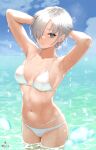  1girl armpits bangs bikini blue_sky breasts cleavage closed_mouth cloud collarbone cowboy_shot day grey_hair hair_over_one_eye highres horizon infinote large_breasts looking_at_viewer navel ocean original outdoors paid_reward_available sashou_mihiro short_hair sky smile solo swimsuit wading water waves wet white_bikini 