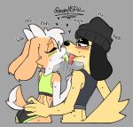  2022 anthro beanie blush blush_lines bodily_fluids bovid canid canine caprine clothing drooling eyewear forrest_(chump) french_kissing fur glasses goat green_tongue hat headgear headwear hearts_around_head hi_res horn kissing male male/male mammal puppy_(artist) saliva signature simple_background sweat tongue tongue_out 
