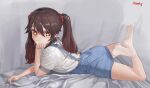  1girl alternate_costume arm_support ass bangs bed_sheet brown_hair casual commentary_request crossed_legs dress feet from_side genshin_impact hair_between_eyes head_tilt highres hu_tao_(genshin_impact) long_hair looking_at_viewer looking_to_the_side lying monky on_stomach orange_eyes pinafore_dress short_sleeves sidelocks signature simple_background smile socks soles solo symbol-shaped_pupils twintails white_legwear younger 