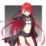  1girl :d absurdres ahoge bangs black_coat choker cici_(1021440922) closers coat commentary_request denim denim_shorts grin hair_between_eyes highres long_hair long_sleeves looking_at_viewer navel pose red_eyes red_hair seth_(closers) short_shorts shorts sidelocks simple_background smile solo stomach two-tone_background 