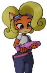  2022 activision anthro blonde_hair blush bodily_fluids clothing coco_bandicoot color_edit colored crash_bandicoot_(series) dildo edit eyelashes female fur green_eyes hair hi_res long_hair overalls ponytail sex_toy solo sweat tenshigarden video_games 