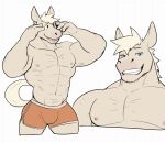  abs anthro blonde_hair blue_eyes briefs bulge clothing equid equine hair hand_on_head hi_res horse jrjresq male mammal muscular muscular_male nipples pecs smile solo tan_body underwear 